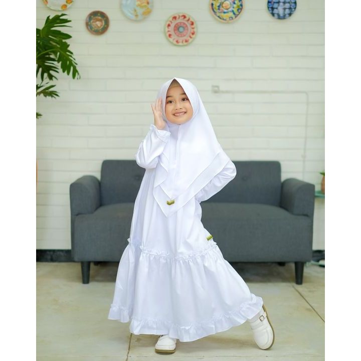 100% aman gamis anak set hijab 3-10 tahun gamis anak putih perempuan brukat manasik haji anak