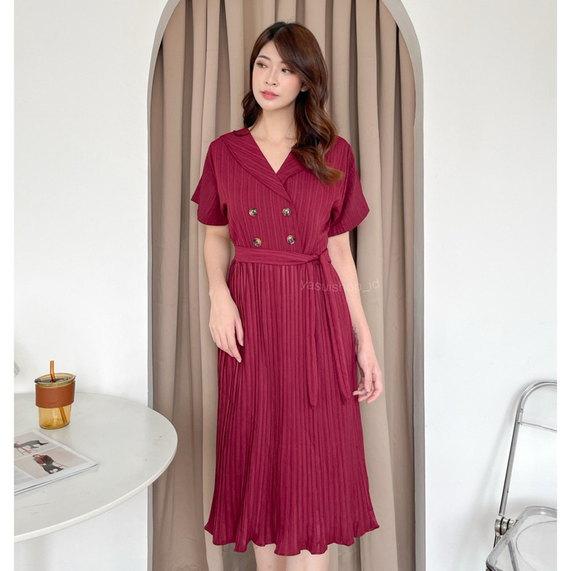 YASUI - Laurent Pleated Midi Dress | Casual Midi Dress Wanita