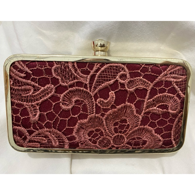 Clutch Tas Pesta Bunga Maroon Gold