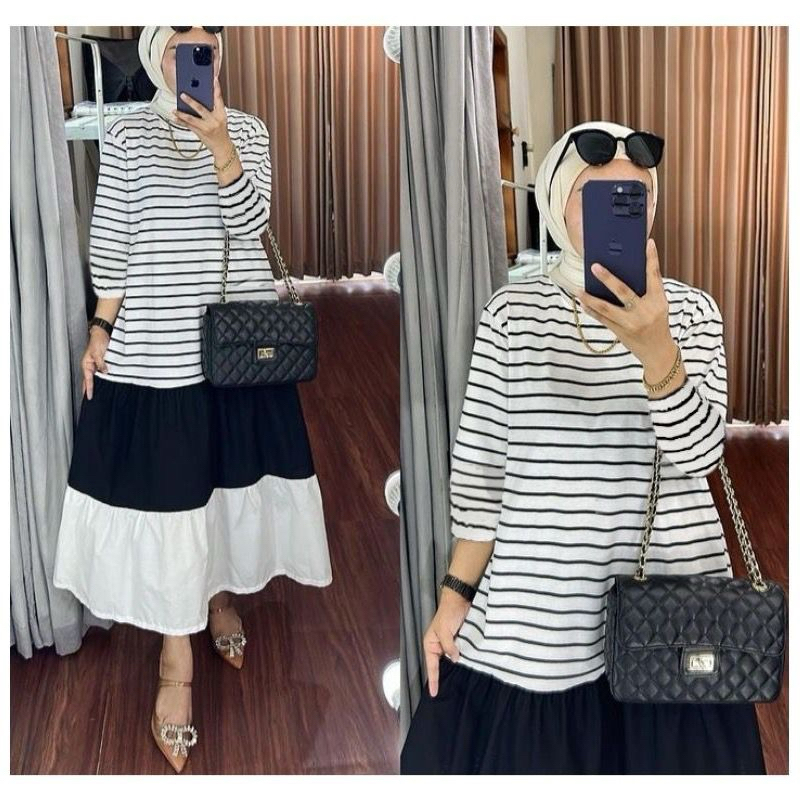 COD-gamis Yura motif salur hitam putih putih hitam terbaru kekinian