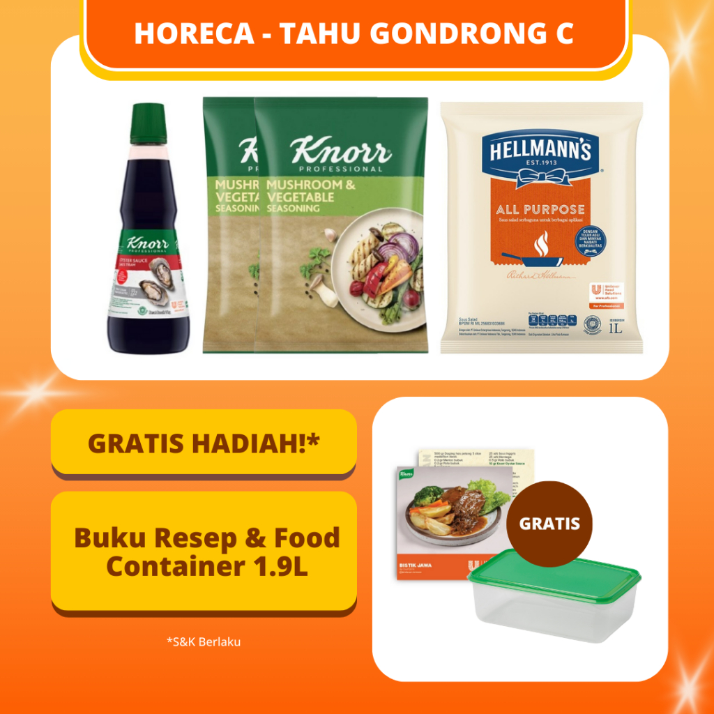 

[HORECA] Tahu Gondrong C (Twinpack Mushroom & Vegetable 400 Gr + Hellmann's All Purpose Mayo Sauce 1L + Knorr Oyster 1Kg - Buku Menu + Food Container 1.9L