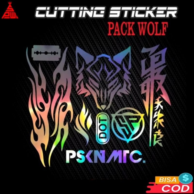 Sticker cutting set pack wolf api logo sp dot kanji katakana pskn matic Stiker cuting helm motor kek