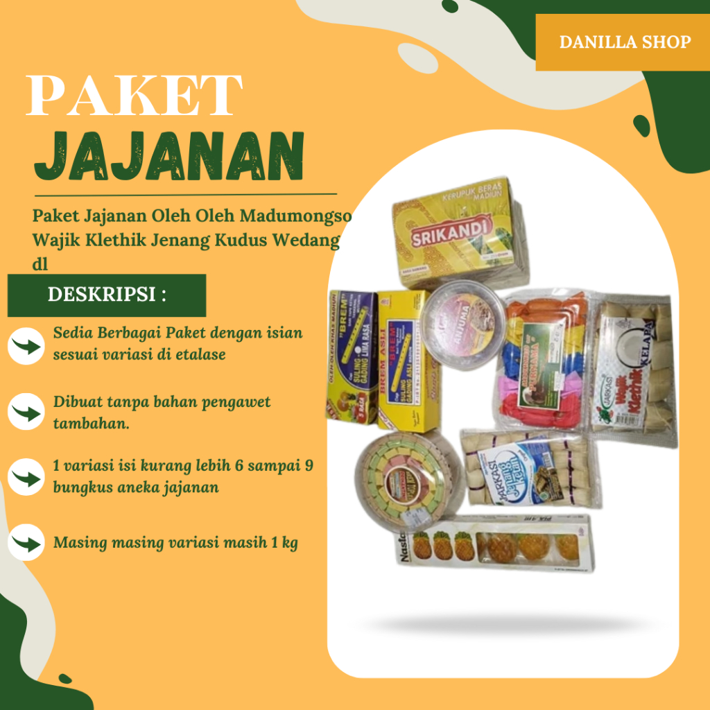 

Paket Jajanan Oleh Oleh Madumongso Wajik Klethik Jenang Kudus Wedang Uwuh Sambel Pecel Brem Kerupuk Beras Nastar Pie Susu