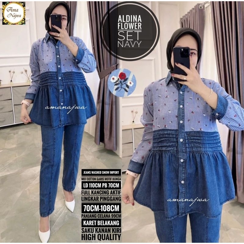 Aldina One Set Setelan Jeans Celana Blouse Mix Katun Ld 110 Jumbo Fit XXL By Amj