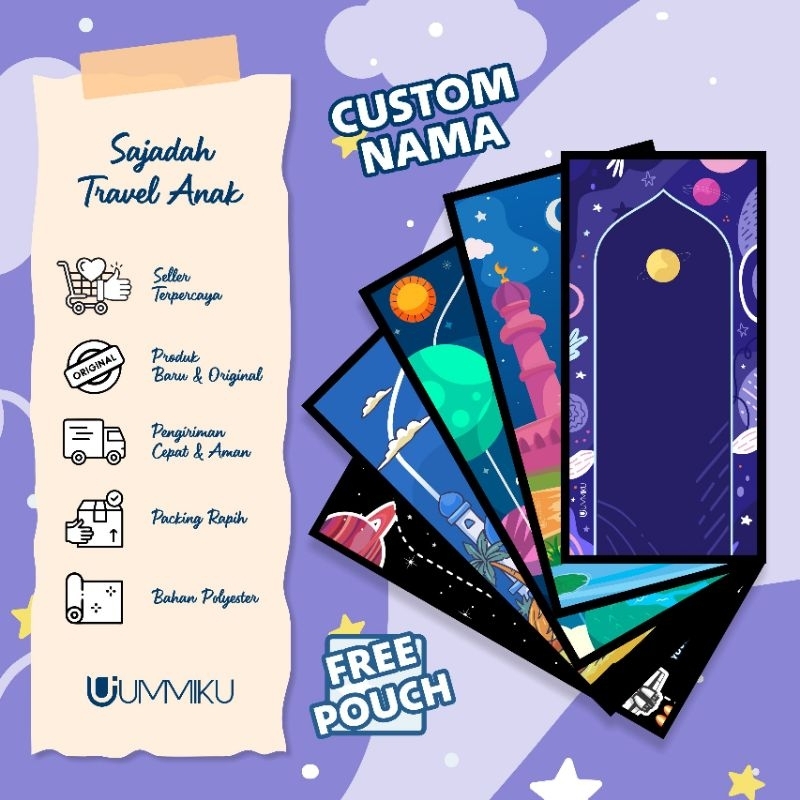 custom nama sajadah praktis travel ummiku, free pouch  | sajadah lipat kekinian
