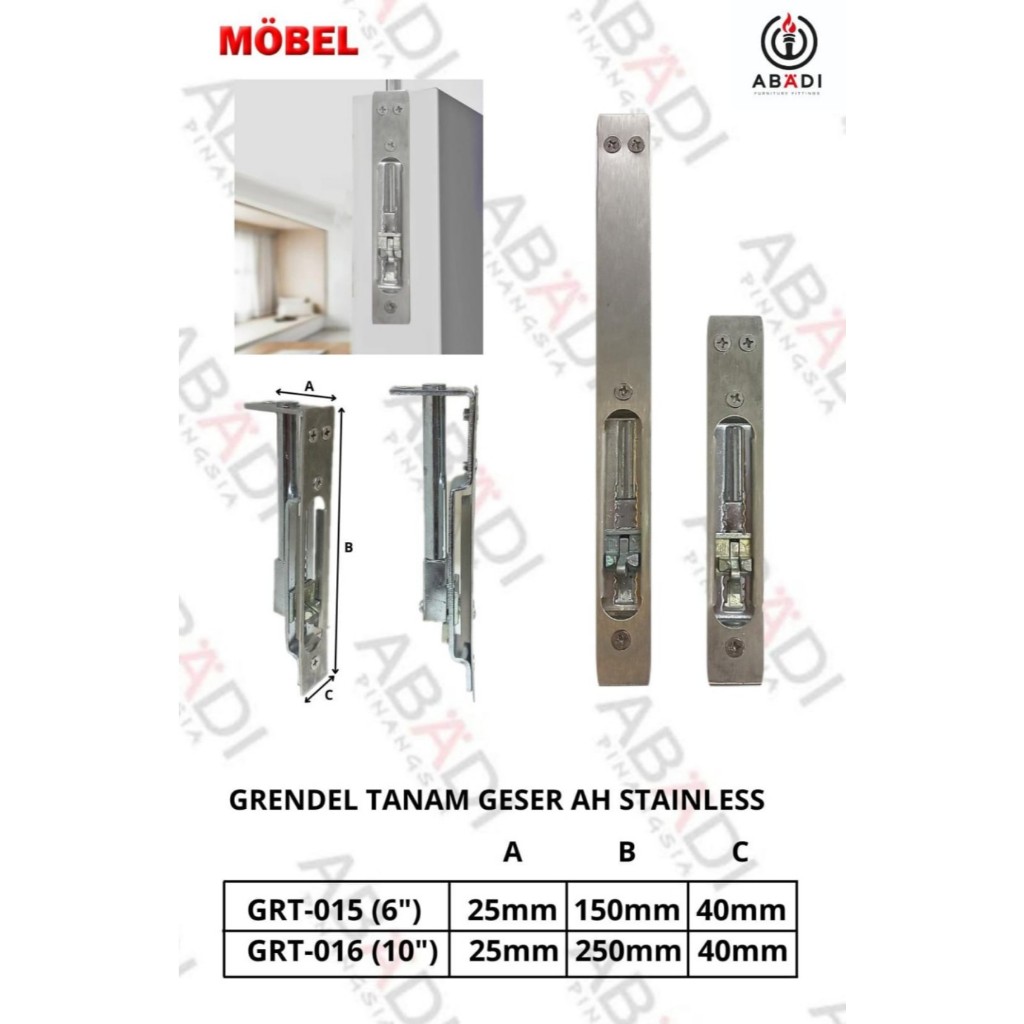 Grendel Kunci Tanam Pintu Atas Bawah Geser Stainless