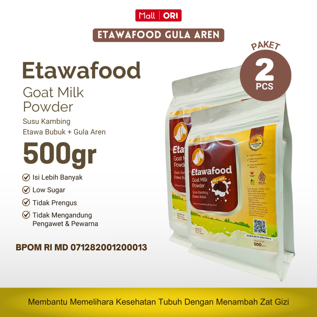 

2 PCS EtawaFood Susu Kambing Etawa Bubuk Rasa Gula Aren 500gr Rendah Gula Premium Tanpa Pengawet & Pewarna