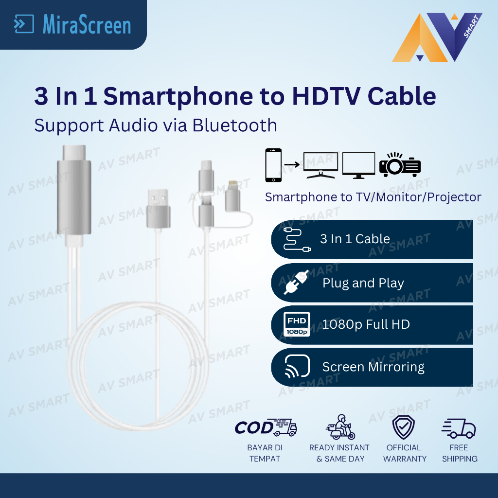 MiraScreen Smartphone 3 In 1 to HDMI TV Kabel Support Android IOS & Non MHL