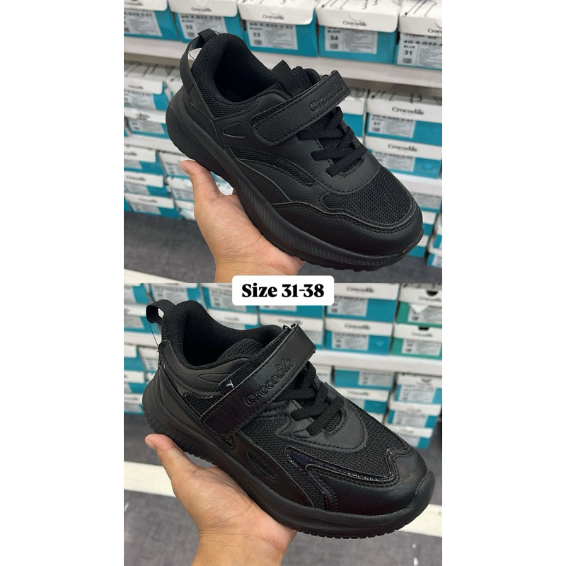 sepatu sekolah anak full hitam brand crocodile kids