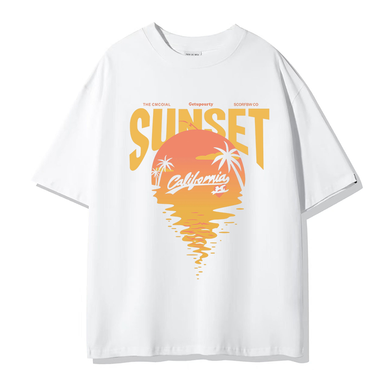 Kaos Pria Oversize Putih/ T - shirt Kaos/ Kaos Motif Matahari Tenggelam California/ Kaos Katun 100%/