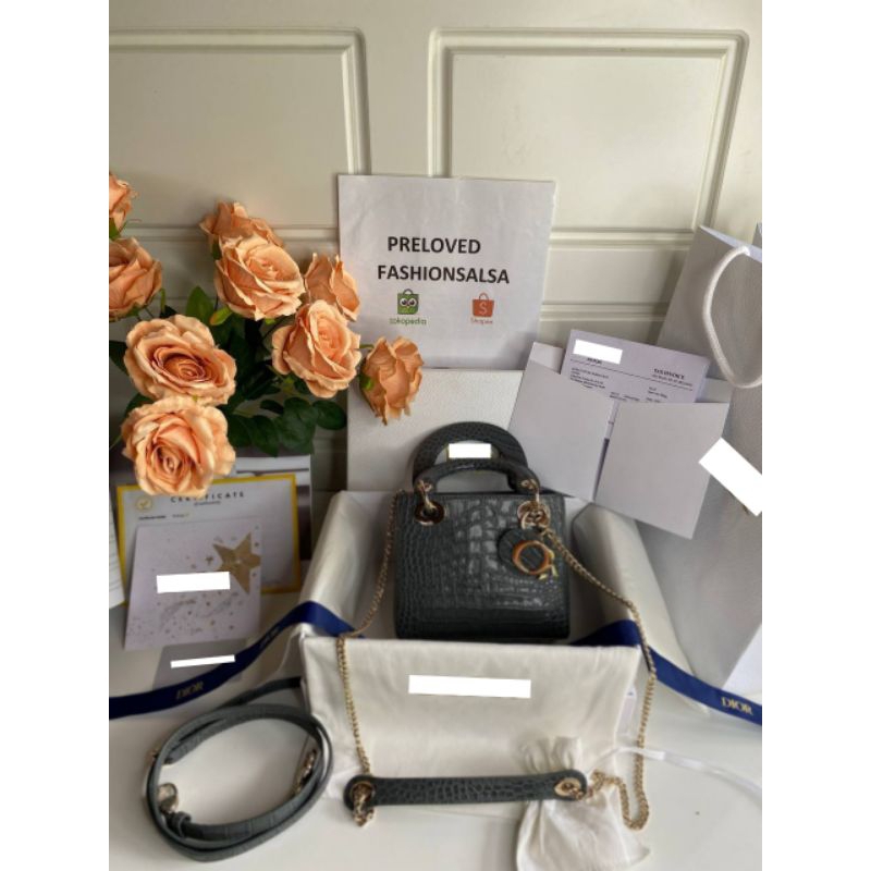 Preloved Small Lady Dior Bag Crocodile Gray Cannage