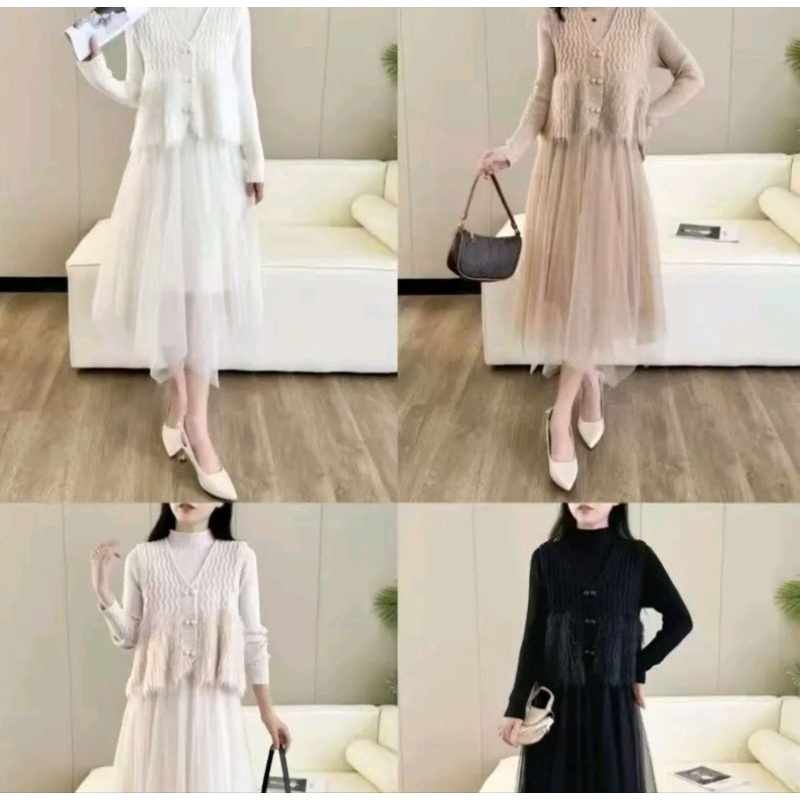 midi dress rajut mix vest bulu rajut bulu halus import bkk