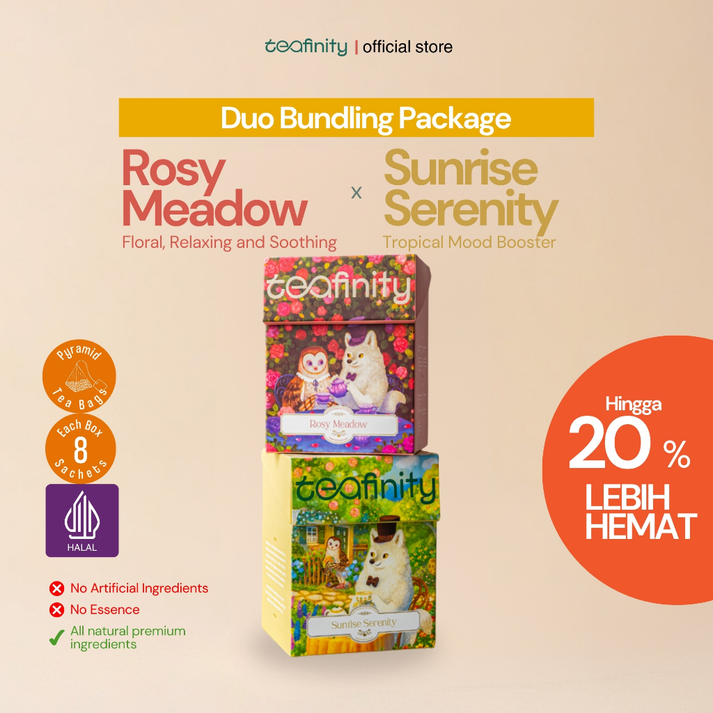 

Teafinity Duo Pack -Sunrise Serenity & Rosy Meadow | Black Tea Teh Hitam Peach | White Tea Chamomile