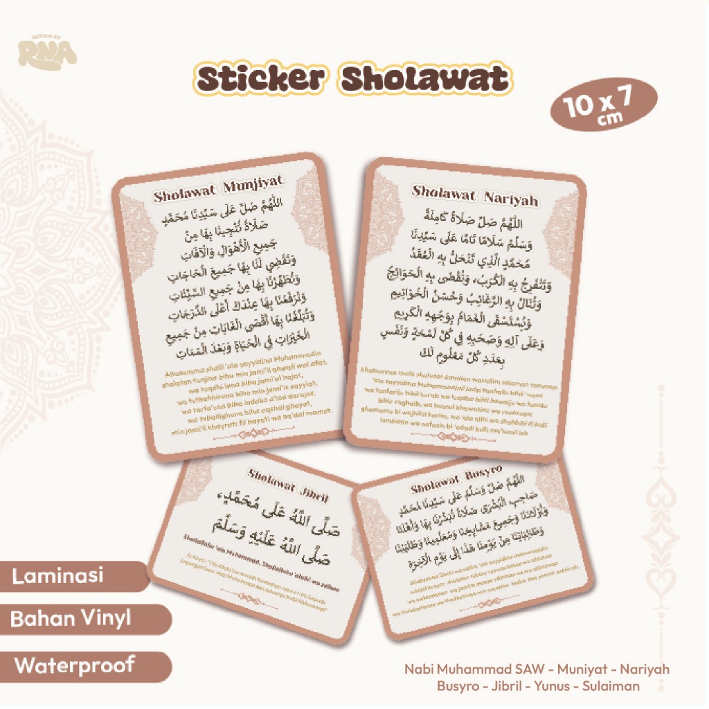 

Stiker Bacaan Sholawat Nabi | Nariyah | Munjiyat | Busyro | Jibril | Asyghil | Fatih | As Sa'adah | Sticker Doa Vinyl Waterproof | Kecil
