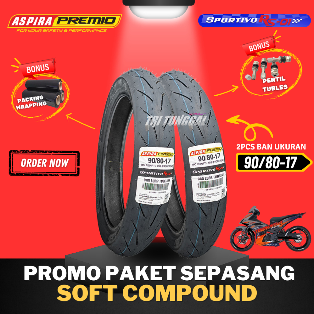 [SEPASANG 2 BAN] BAN ASPIRA PREMIO SPORTIVO RS01 RING 17  TUBELESS SOFT COMPOUND ( 90/80-17 ) / BAN 