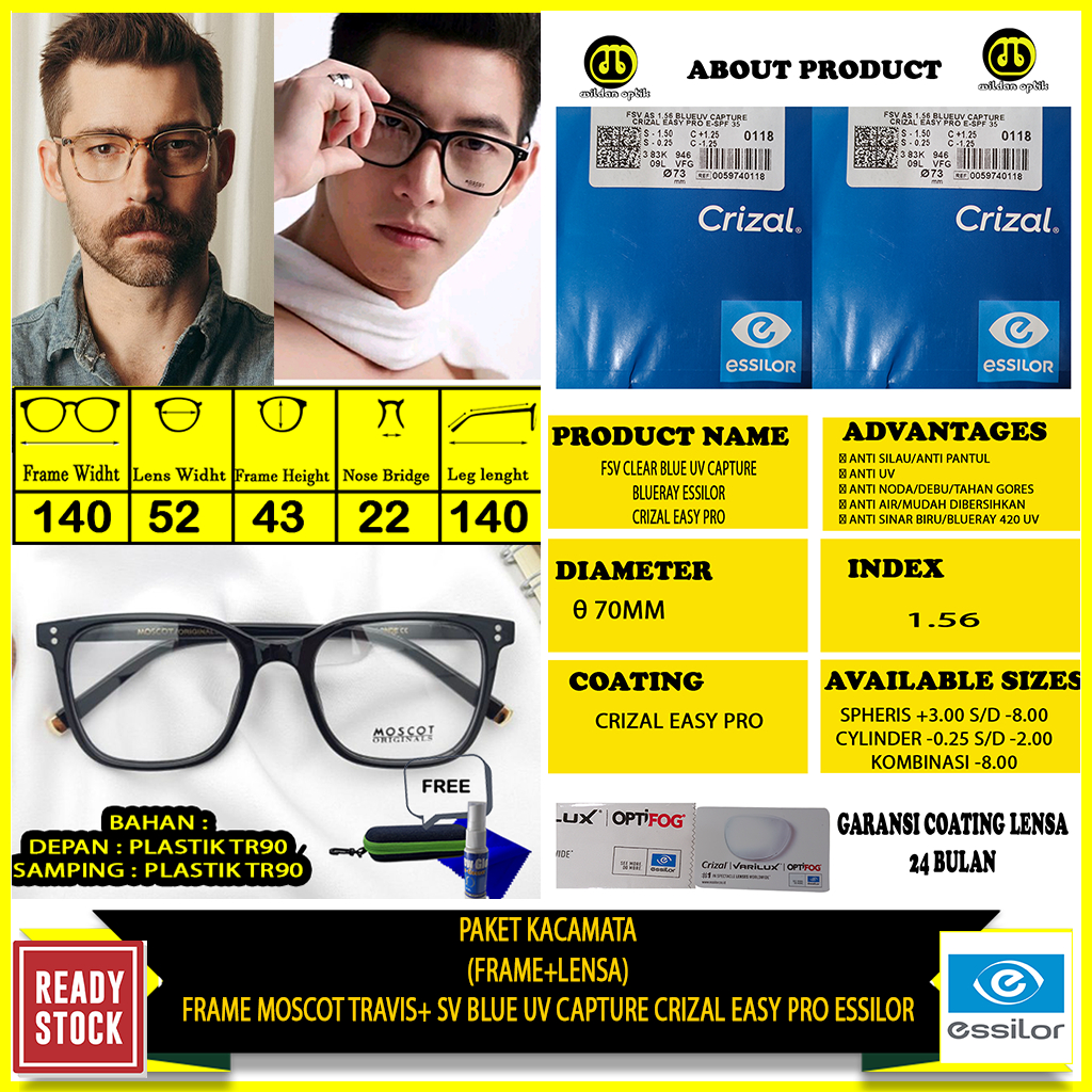 PAKET KACAMATA FRAME MOSCOT TRAVIS+ESSILOR BLUE UV CAPTURE/ELEMENTS ORIGINAL