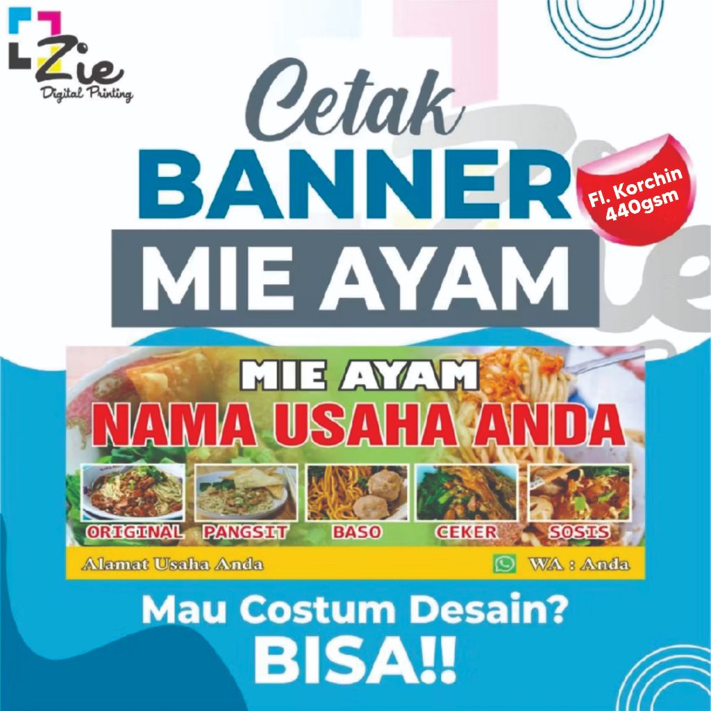 Cetak Banner Mie Ayam Frontlite Bahan Korchin 440gr Spanduk Backdrop Custom