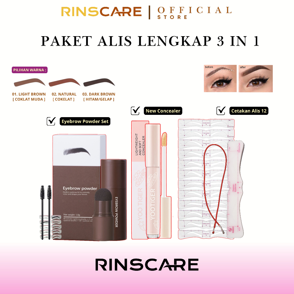 [ BISA COD ] PAKET NGALIS VIRAL 3in1 EYEBROW POWDER + CETAKAN ALIS TALI 12 TITIK 3 + CONCEALER TAHAN