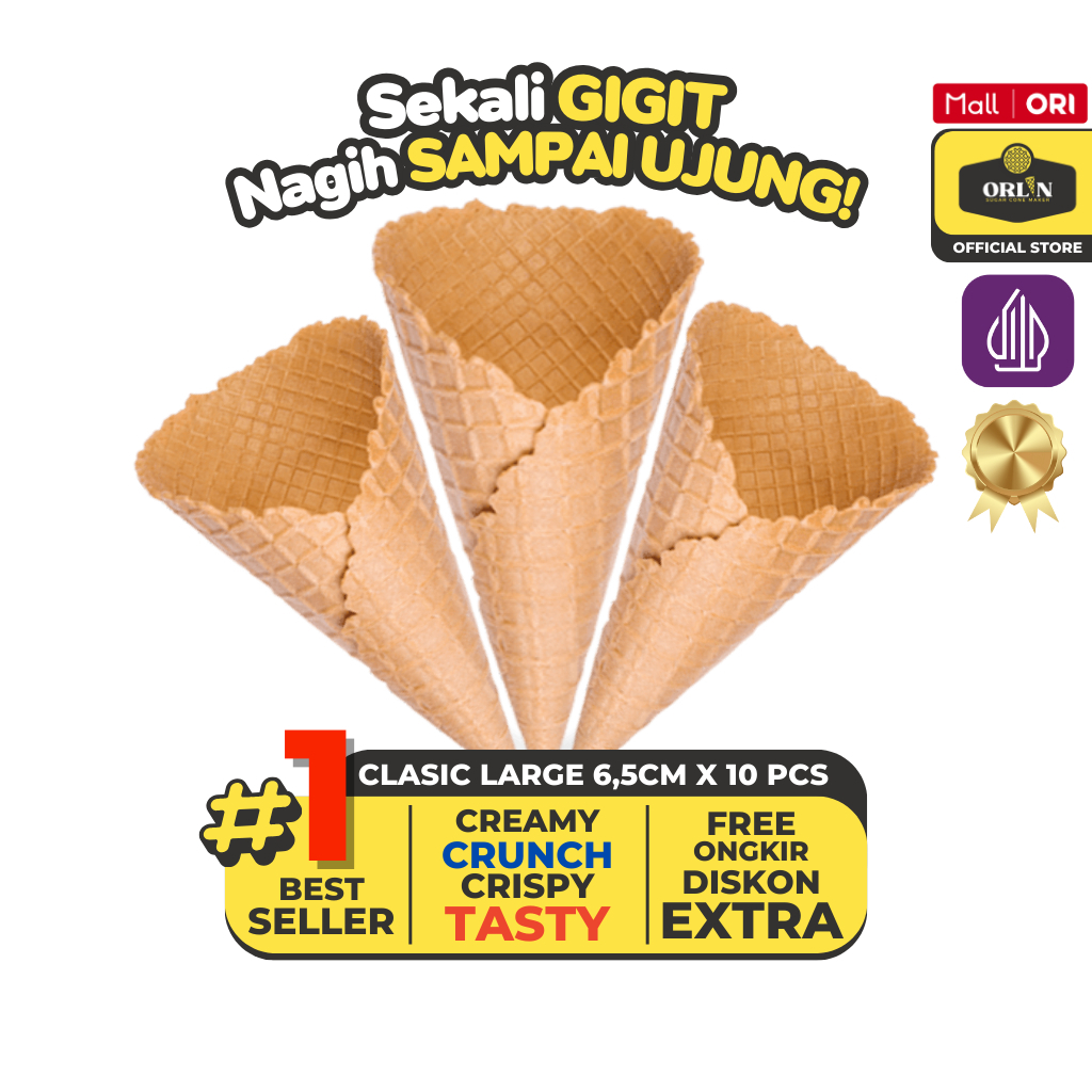 

ORLIN Cone Es krim Waffle Mixu Large Premium 6,5cm x 14cm isi 10pcs Sekali Gigit, Nagih Sampai Ujung