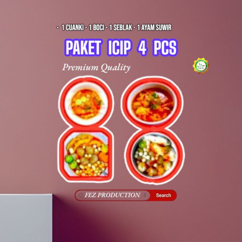 

PAKET ICIP ICIP 4 PCS / 1 AYAM SUWIR / 1 SEBLAK / 1 BASO ACI / 1 CUANKI INSTAN PREMIUM QUALITY