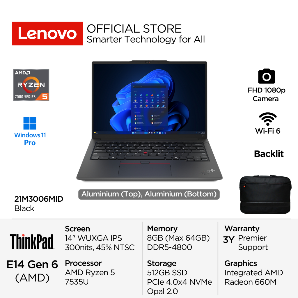 Lenovo ThinkPad E14 Gen 6 6MID AMD Ryzen 5 7535U Win11 Pro 8GB 512GB SSD Opal2.0 14" WUXGA IPS 300ni