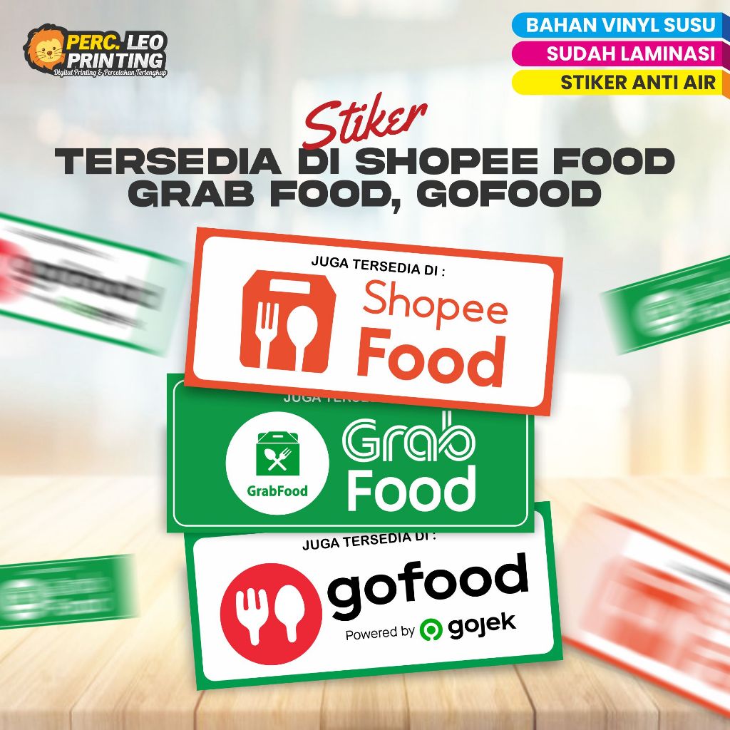 Stiker ONLINE FOOD TERSEDIA DI SHOPEEFOOD GRABFOOD GOFOOD tanpa minimal order