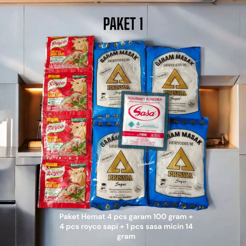

PAKET 6 RIBUAN 4 PCS GARAM 100 GRAM + 4 PCS MASAKO / ROYCO / SEDAAP + 1 PCS SASA MICIN 14 GRAM / BUMBU DAPUR / GARAM / GAREM / PENAMBAH RASA