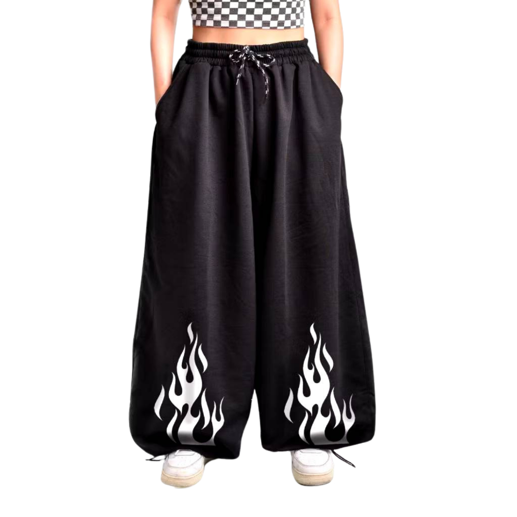 Baggy White Fire Stars Printing Sweat Pants Celana Kulot Oversize - Celana Panjang Wanita Pants Kore