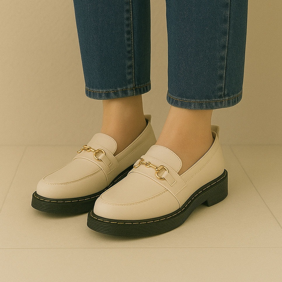 BIG SIZE 45,44,43,42,41,40 Sepatu Loafers Wanita Docmart Jumbo Slipon Krem Mary Jones