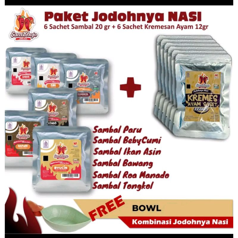 

sambhojo paket jodohnya nasi, sambal sachet bestseller dan kremesan ayam 12pcs free mangkok