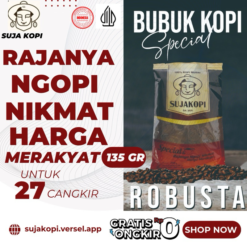 

SUJA KOPI kopi bubuk robusta rekomendasi 135gr beli 2 gratis sendok kopi hitam untuk warkop dan swalayan rumahan sujakopi rajanya ngopi nikmat harga merakyat beli 2 gratis sendok 135gr terlaris untung banyak di jual lagi