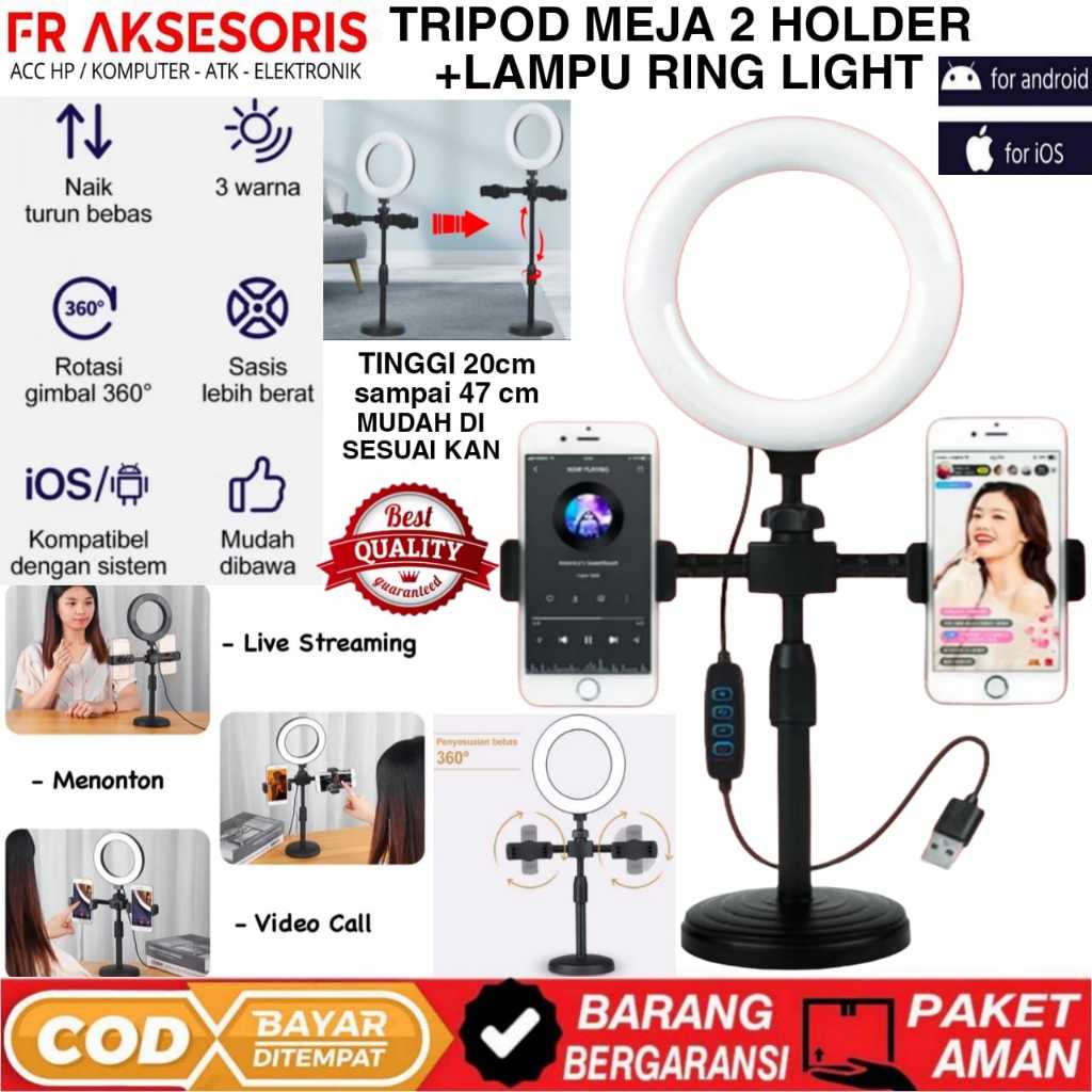 Tripod Meja 3in1 Tripod 2 Holder Tripod + Lampu Ring Light Stand HP 2 Holder Tripod Live streaming 2