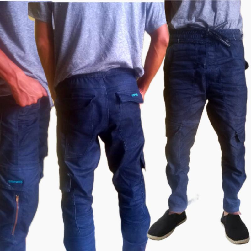 Celana Jeans Cargo panjang Dewasa Pria Tebal Navy Pensil Saku banyak