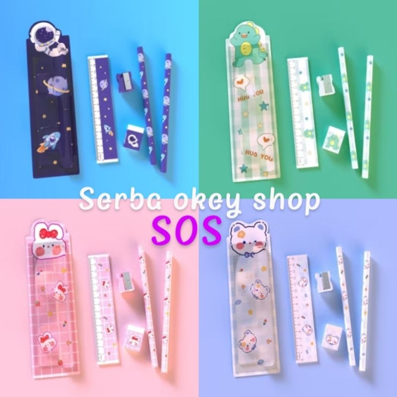 

SOS Pensil set 5in1 alat tulis anak lucu/ penghapus, penggaris, rautan