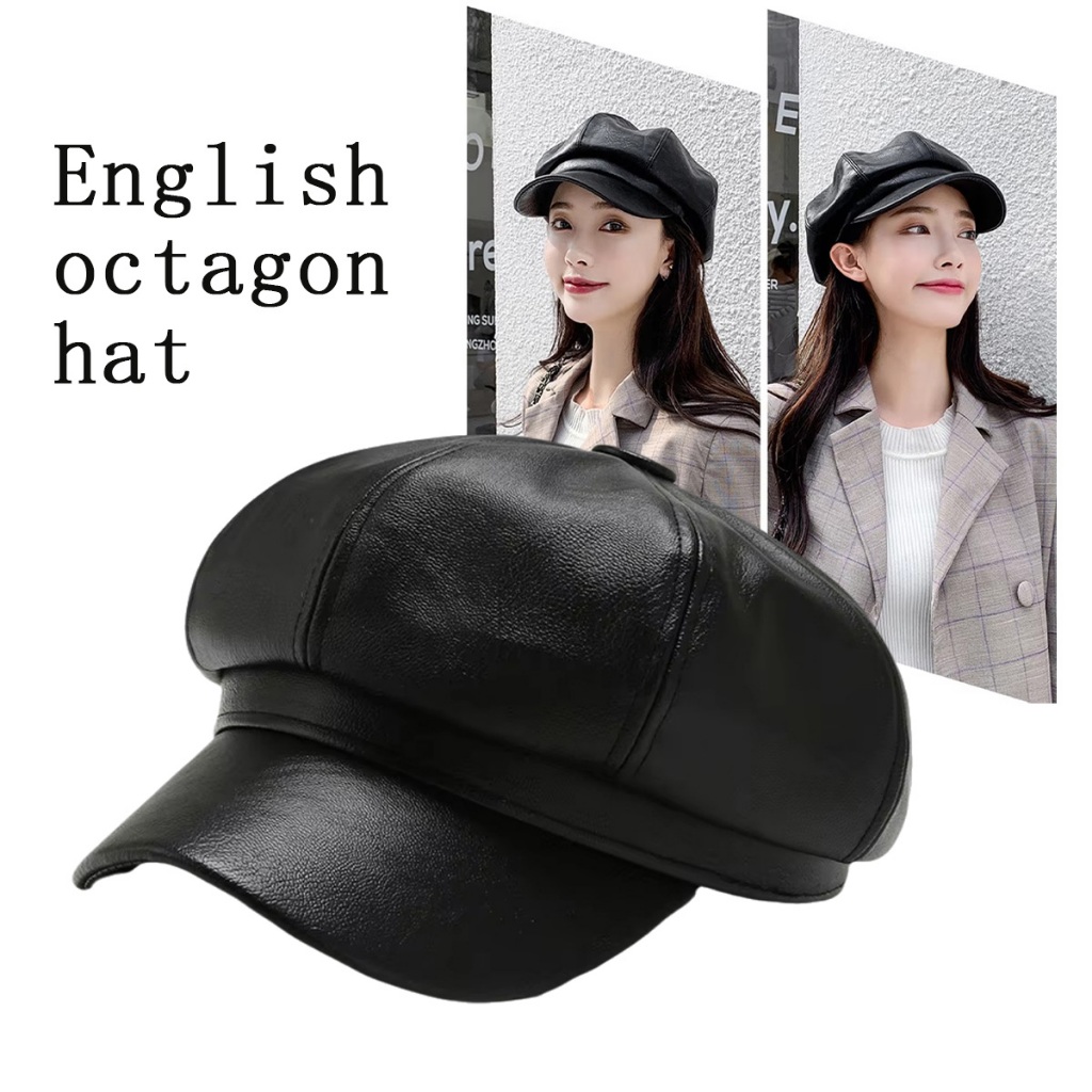 Topi baret oktagonal korea Baret Hat Gaya Retro Inggris Topi baret vintage pu leather