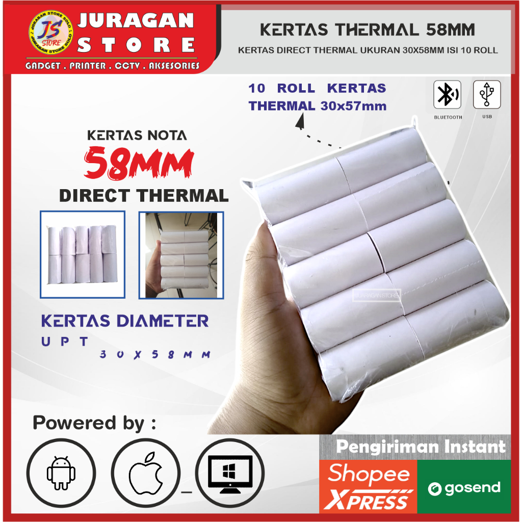 

Kertas Thermal 58MM Direct thermal isi 10 roll original cocok untuk semua merk printer thermal 58mm