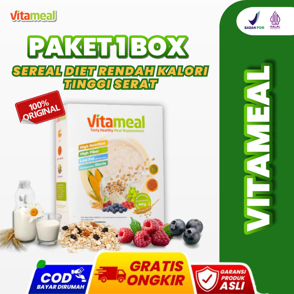 

[DIJAMIN AMPUH] VITAMEAL PAKET 1 BOX sereal tinggi serat rendah kalori ampuh diet sehat tanpa efek samping bantu menurunkan berat badan menjaga rasa kenyang lebih lama cocok program diet alami enak praktis VETAMEAL GERD