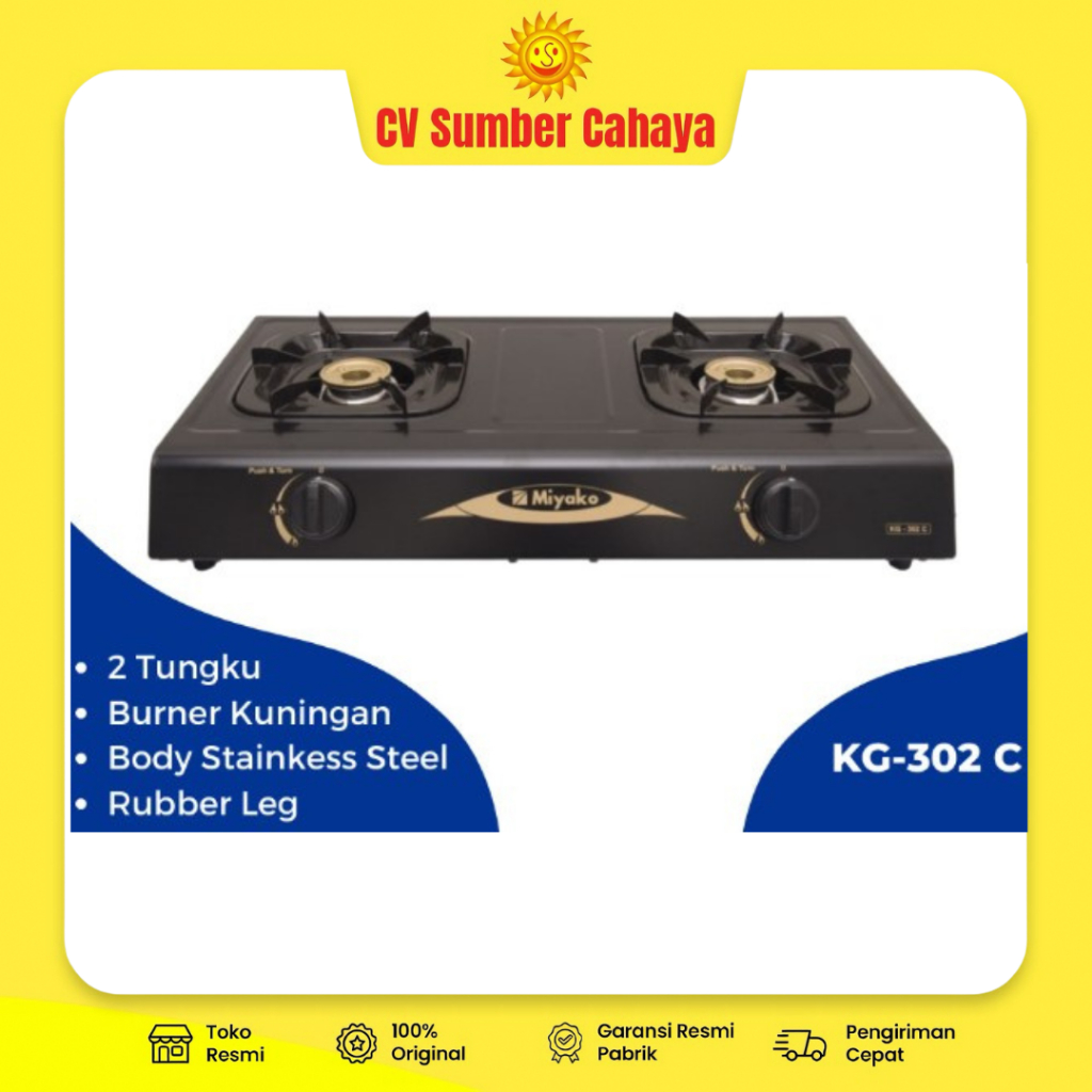 Miyako Kompor Gas 2 Tungku Burner Kuningan Body Stainless Steel KG-302C KG 302C
