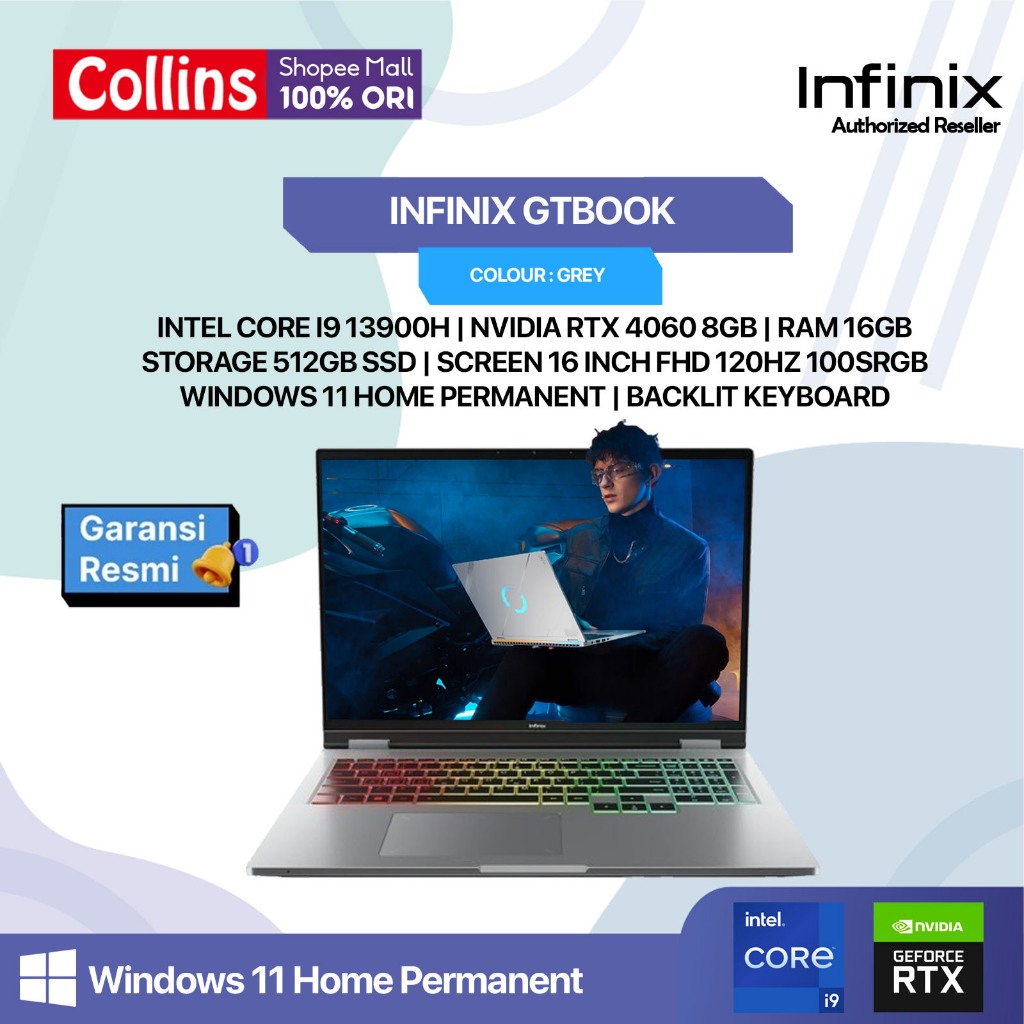INFINIX GTBOOK I9 13900H RTX4060 8GB/ 16GB 512GB W11 16.0FHD 120HZ 100SRGB RGB GRY