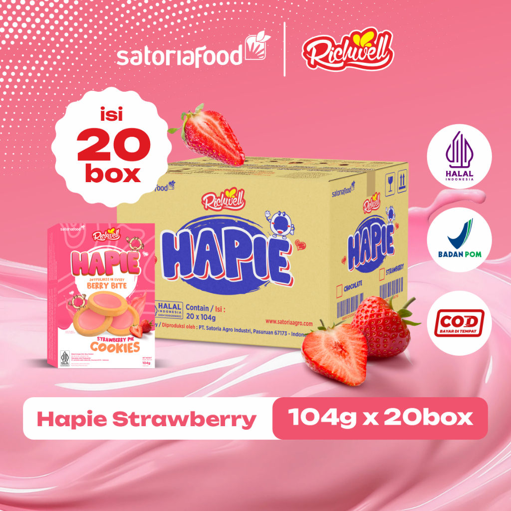 

Snack Richwell Hapie Strawberry Cookies 104gr x 20 Box [ 1 Dus ] | Cemilan Biskuit Pie Mini Kukis Rasa Stroberi