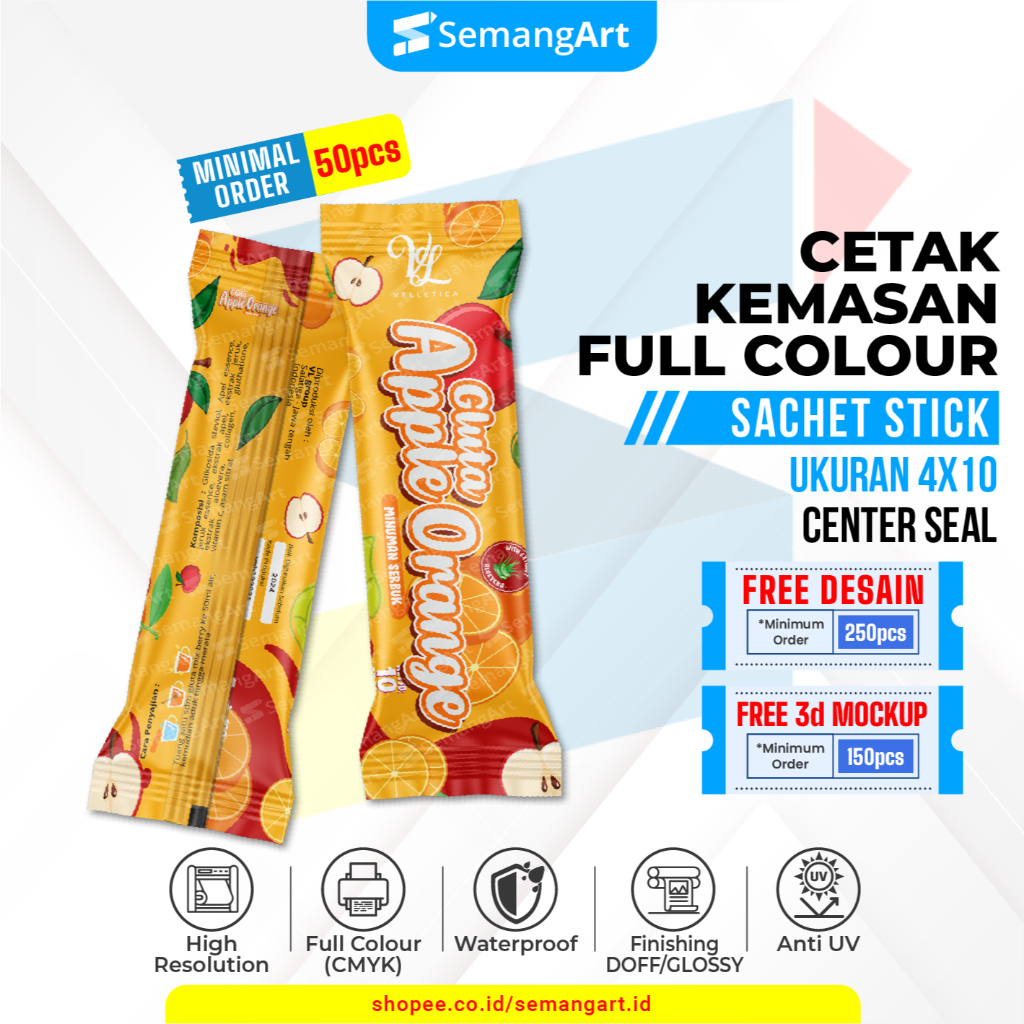 

Cetak Sachet 4x10 Kemasan Minuman Serbuk Collagen Protein Bar Makanan Full Printing Desain Custom