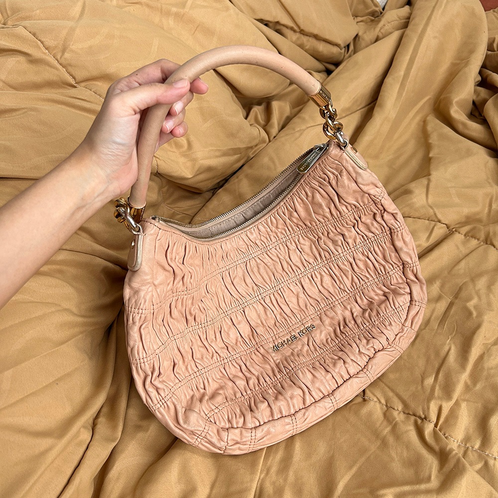 TAS MK BAG Leather Ruffled Pleated Hobo Shoulder Pink Brown