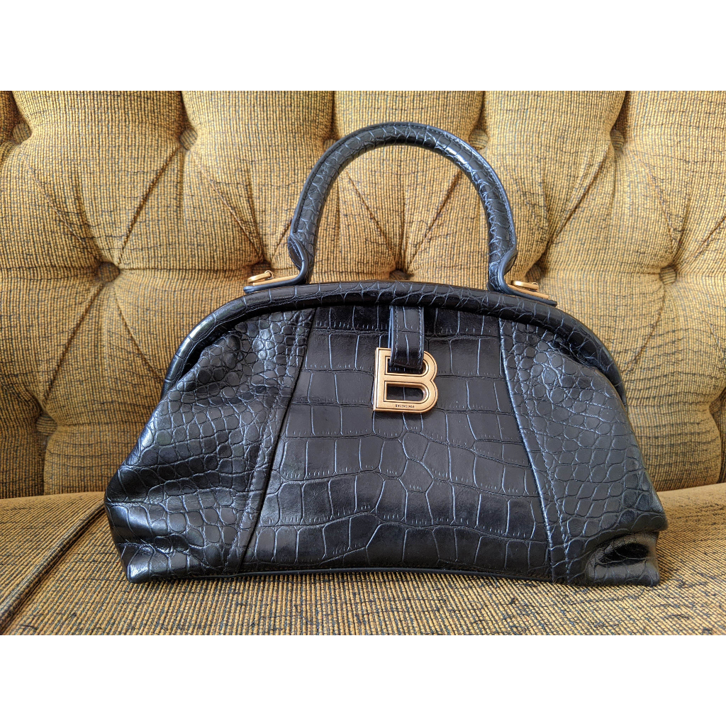 Balen.ciaga Small Editor Shoulder Bag in Black Croco-Embossed Leather [PRELOVED]