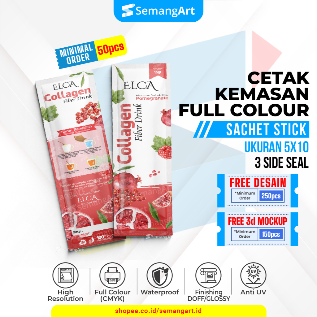 

Kemasan Sachet 5x10 Minuman Serbuk Collagen / Makanan Full Printing Desain Custom