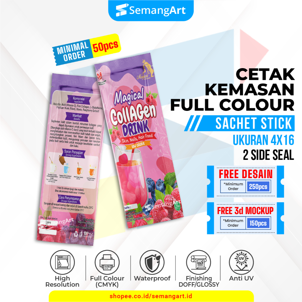 

Kemasan Sachet 4x16 Minuman Serbuk Collagen / Gel Cairan Full Printing Desain Custom