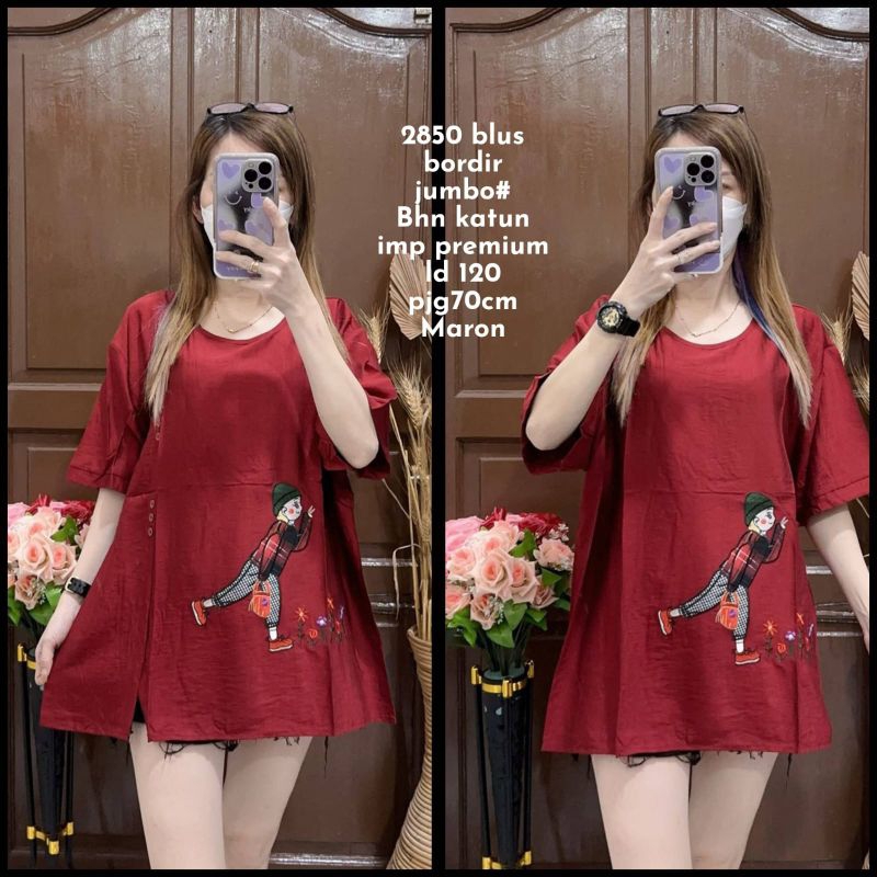 2850 Blouse Bordir Jumbo Katun Wanita/Atasan/Blus BigSize LD 120cm