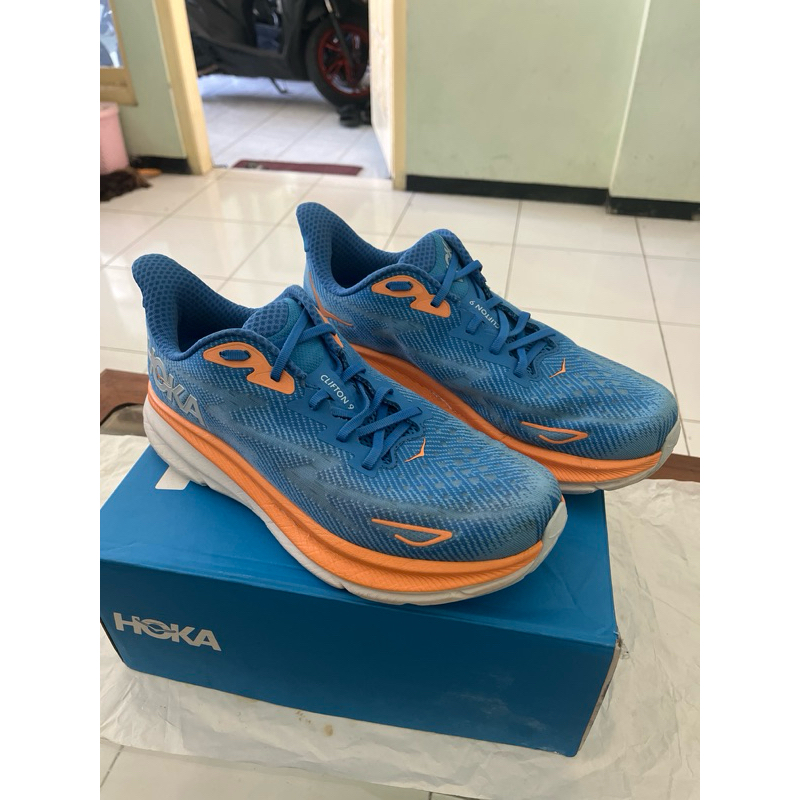 Sepatu Hoka Clifton 9 Biru/Orange Second