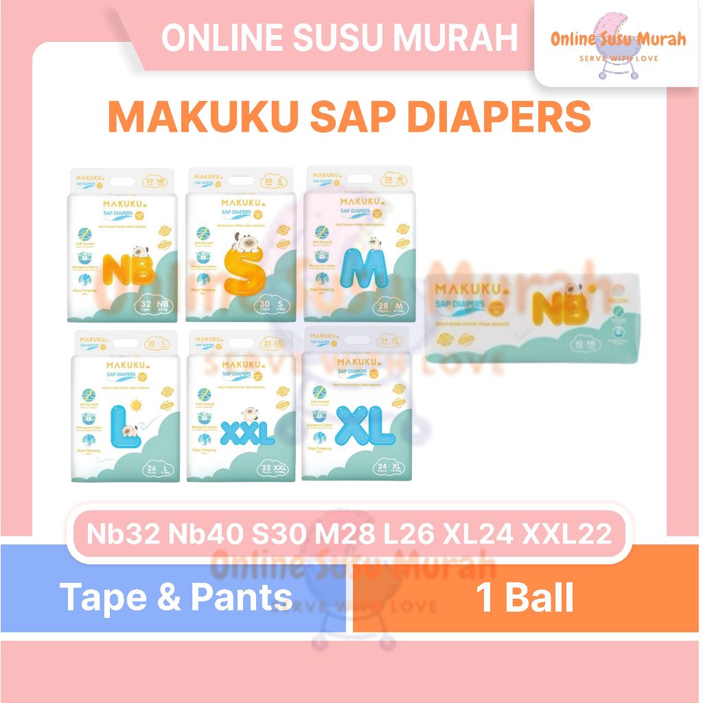 MAKUKU SAP DIAPER COMFORT FIT TAPE NB 40 NB 32 S 30 PANTS M 28 L 26 XL 24 XXL 22 CELANA PEREKAT PPKS