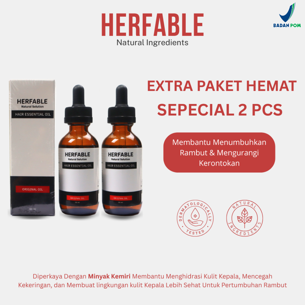 Herfable Exclusive 2 Pcs - Penumbuh Rambut Botak Alami | Minyak Rambut Rontok & Kebotakan BPOM