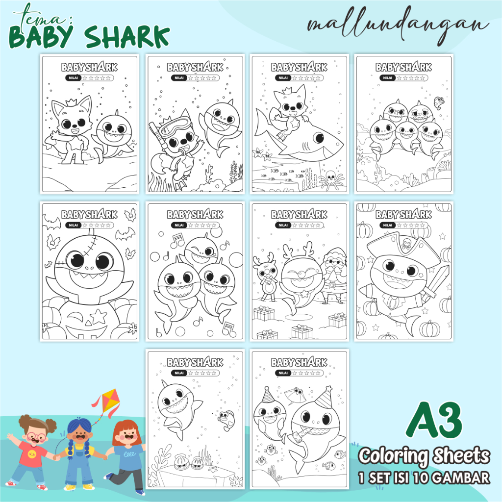 

LEMBARAN MEWARNAI ANAK A3 - TEMA BABY SHARK - PAPER COLORING SHEETS FOR KIDS